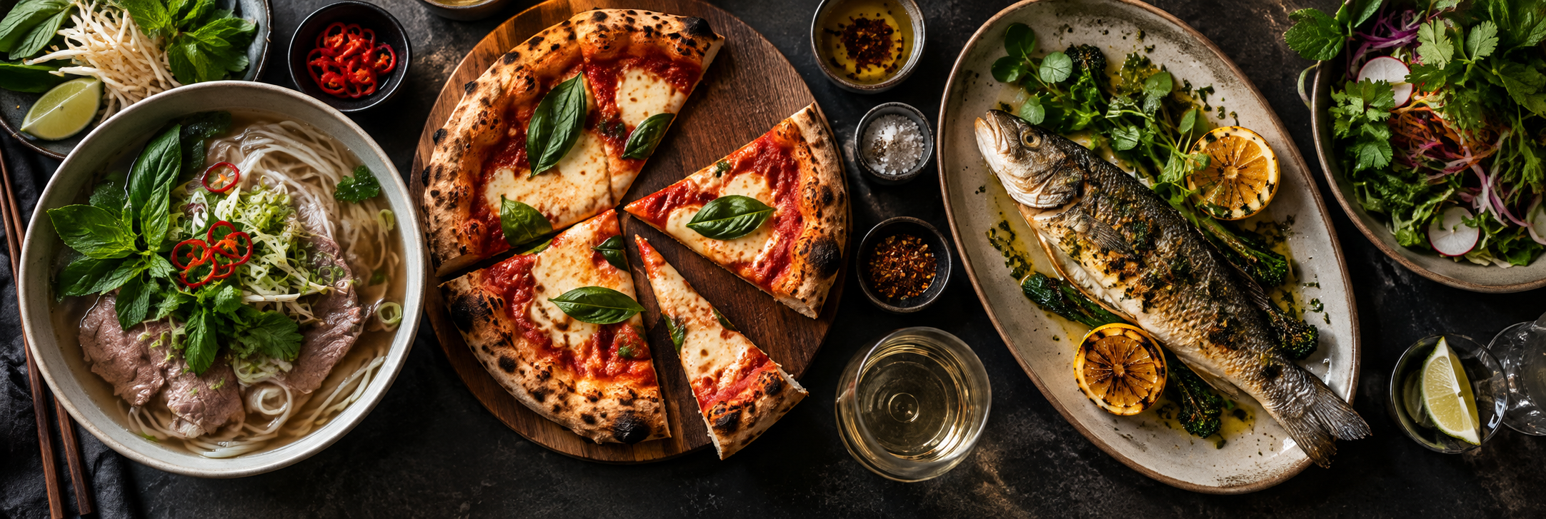 Dining inspiration: noodle soup, pizza and grilled fish with fresh herbs